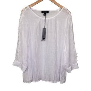 Madison Paris New York Womens Floral Crochet Costal Cowgirl White Top Large